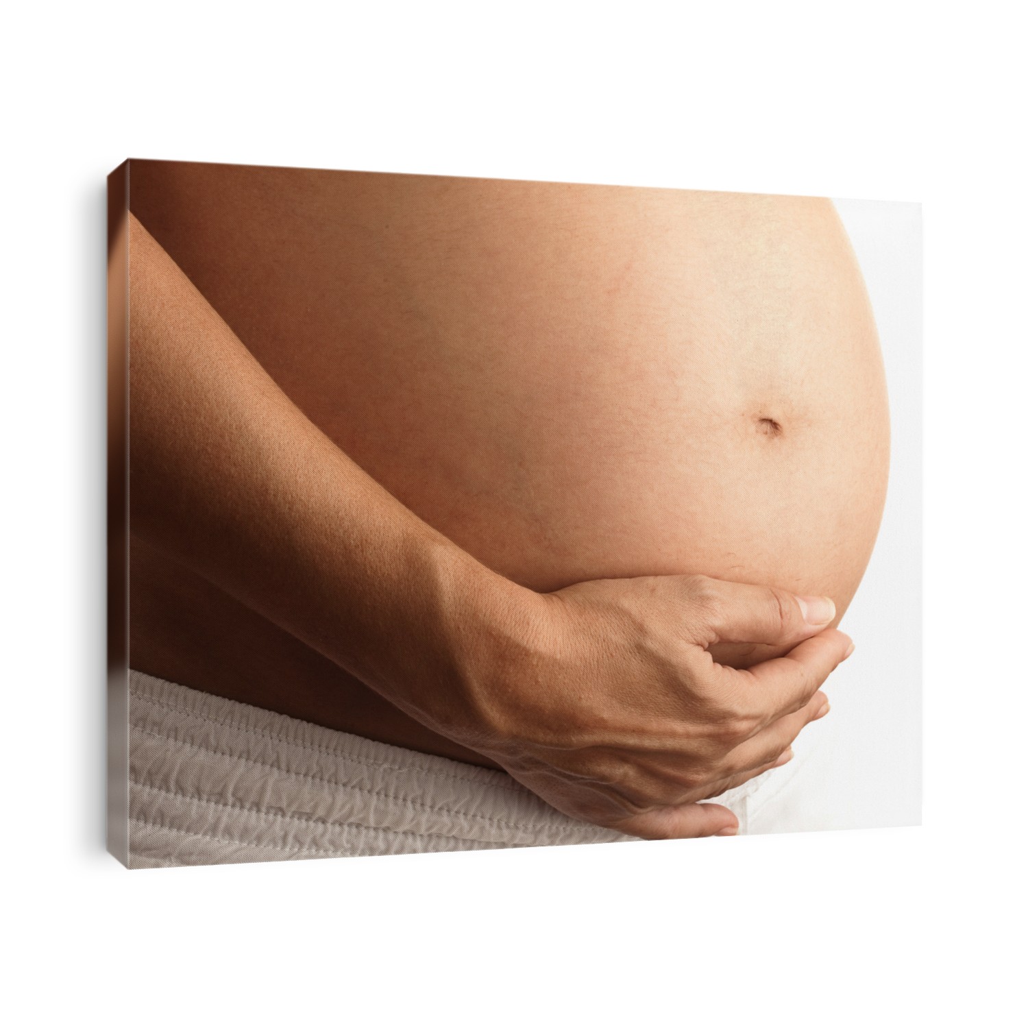 pregnant woman, belly closeup on white