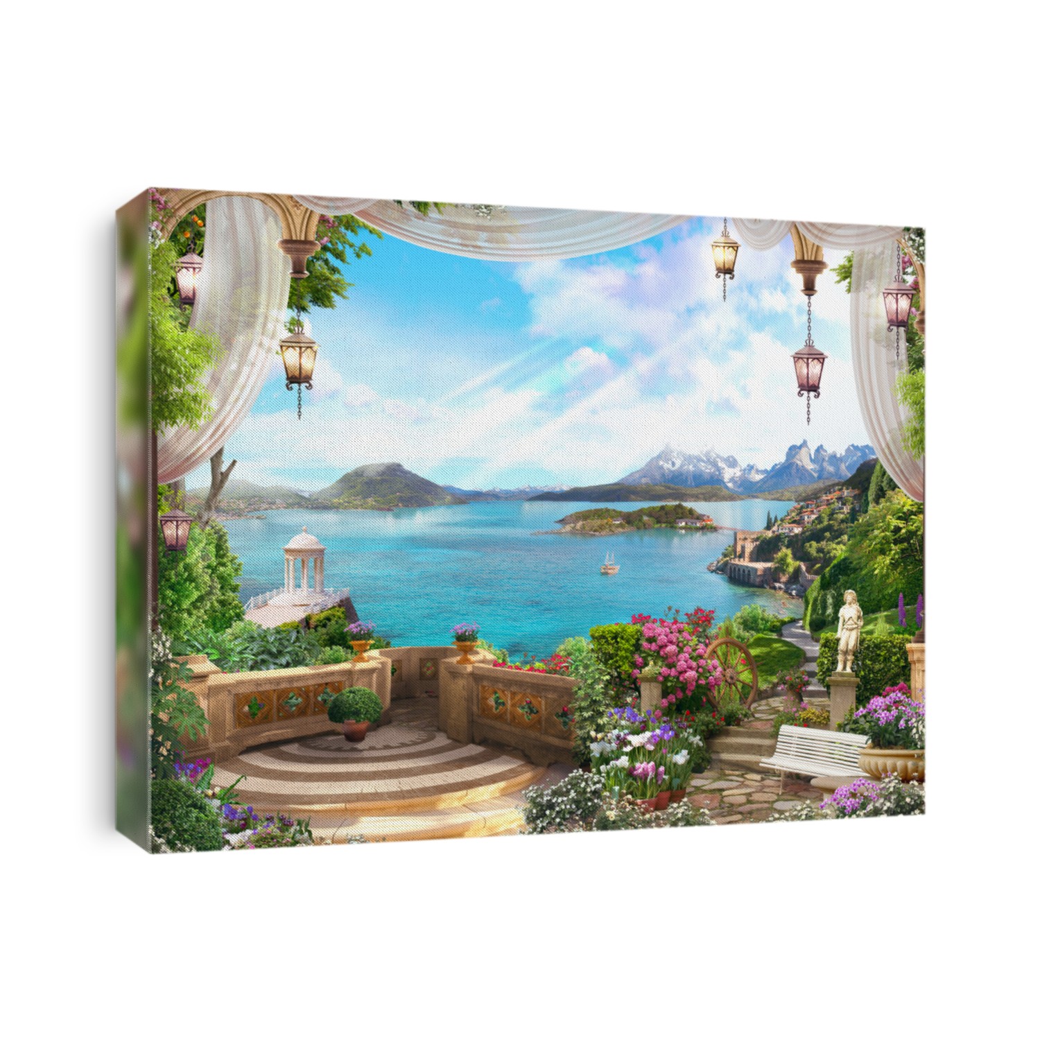 Beautiful view from the garden to the sea with a ship and the coast of Italy, a white gazebo, lanterns.   Digital collage, mural and mural. Wallpaper. Poster design. Modular panel. 3d render
